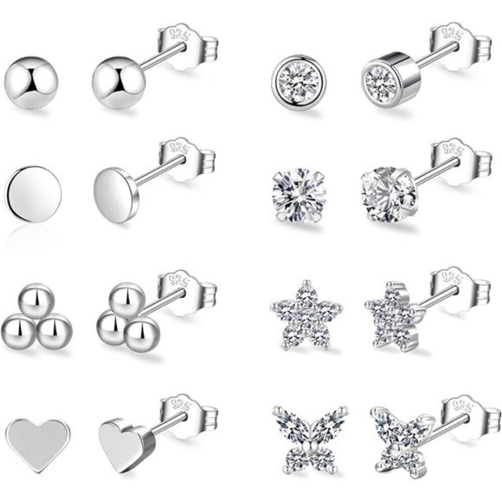 8-Pair Silver Stud Earring Set – Minimalist Hypoallergenic Cubic Zirconia